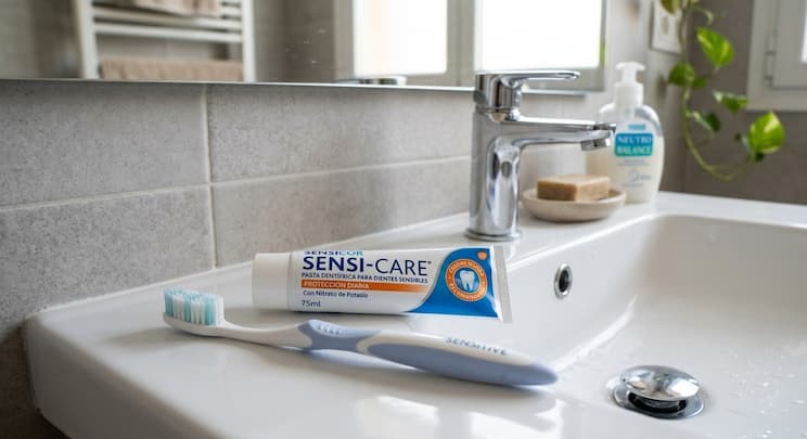 Cepillo de cerdas suaves y pasta de dientes para sensibilidad dental sobre un lavabo blanco