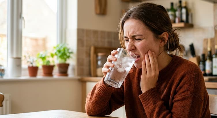 Mujer joven con expresión de dolor al beber un vaso con hielo debido a la sensibilidad dental