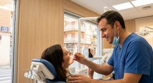 Dentista atendiendo con cercanía a un paciente en la clínica ES Dental Clínic de Barberá del Vallés