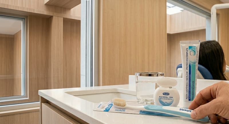 Cepillo de cerdas suaves, hilo dental y pasta de dientes con flúor para una correcta higiene bucodental diaria