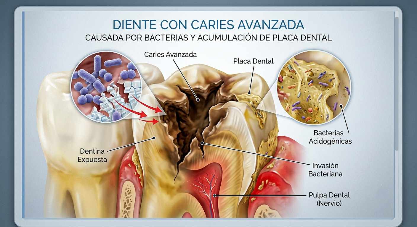Diente con caries avanzada causada por bacterias y acumulación de placa dental