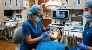 Dentista revisando un diente dañado para tratar una caries profunda
