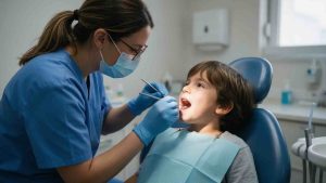 Dentista infantil atendiendo a un niño en una clínica dental segura